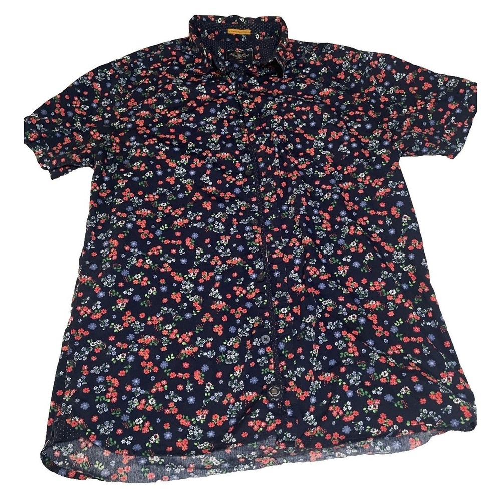 Across the Pond Floral Button Down womens Large Navy Blue Excellent Short Sleeve